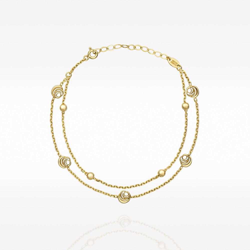 Signature Rose Anklet in 18k gold vermeil, double chain with rose discs and beads laid flat