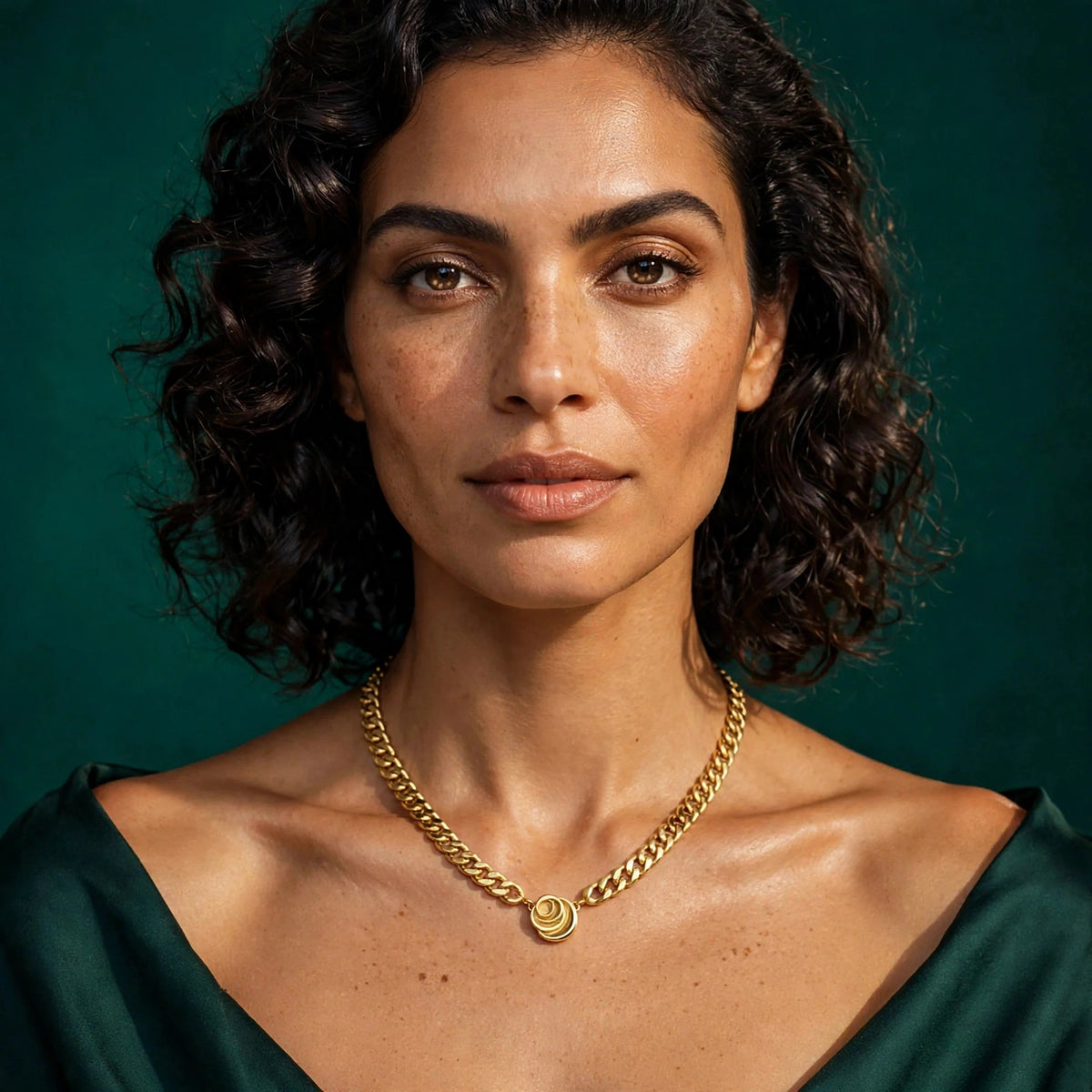 Model wearing the Signature Cuban link necklace with rose pendant against an emerald backdrop