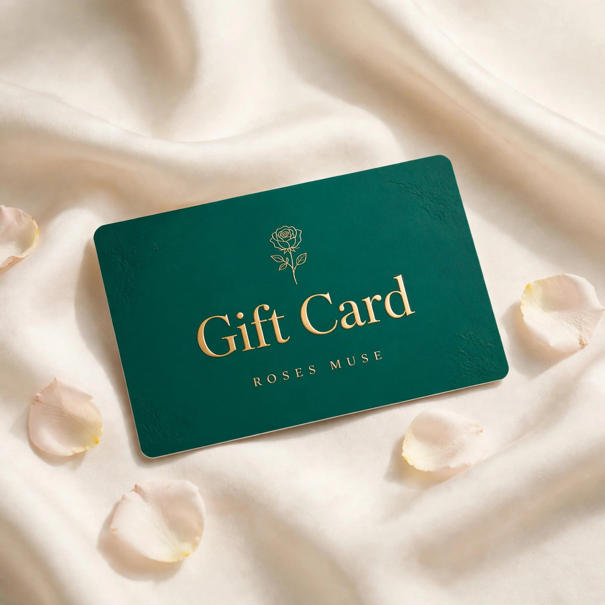 Roses Muse gift card in emerald and gold on cream silk